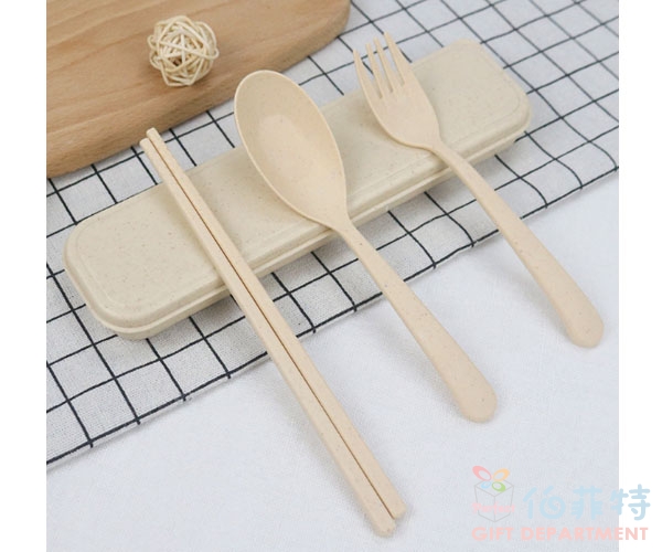小麥材質叉匙筷三件式環保餐具組