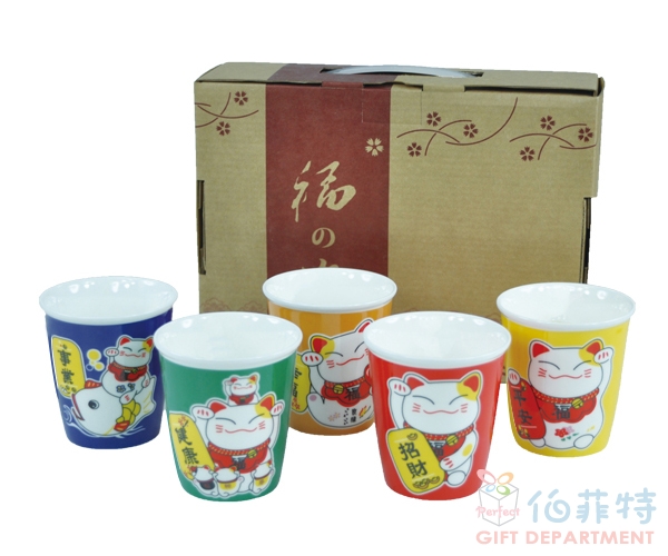 五福招財貓5入水杯組