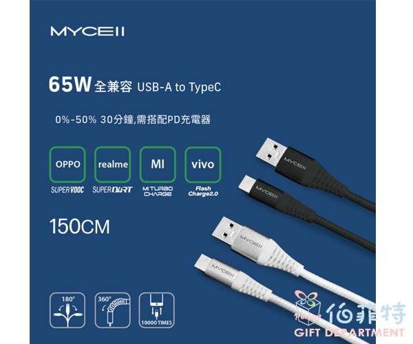 65W全兼容 USB-A to TypeC 充電傳輸線-1.5M