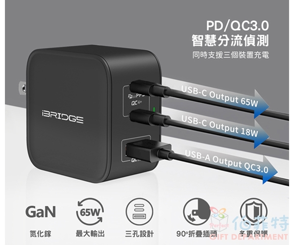 【iBRIDGE】GaN 65W 3Ports充電器